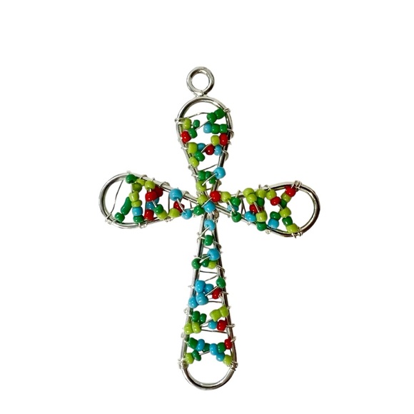 Bead and Wire Crucifix Pendant Silvertone Multi Color - Picture 4 of 4